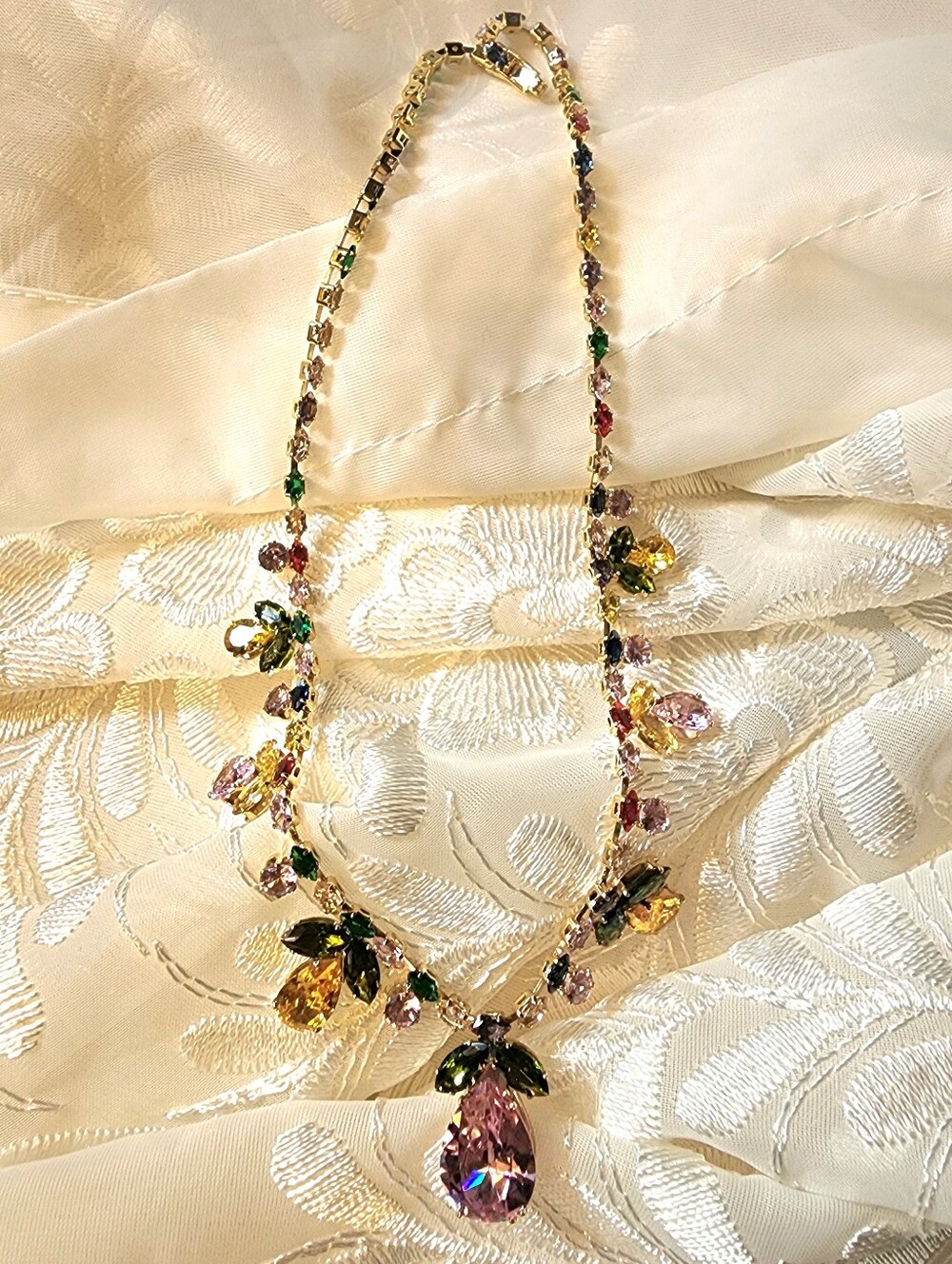 Vibrant Colourful Pink, Green, Yellow, Red, Blue Crystal & Gold Tone Necklace